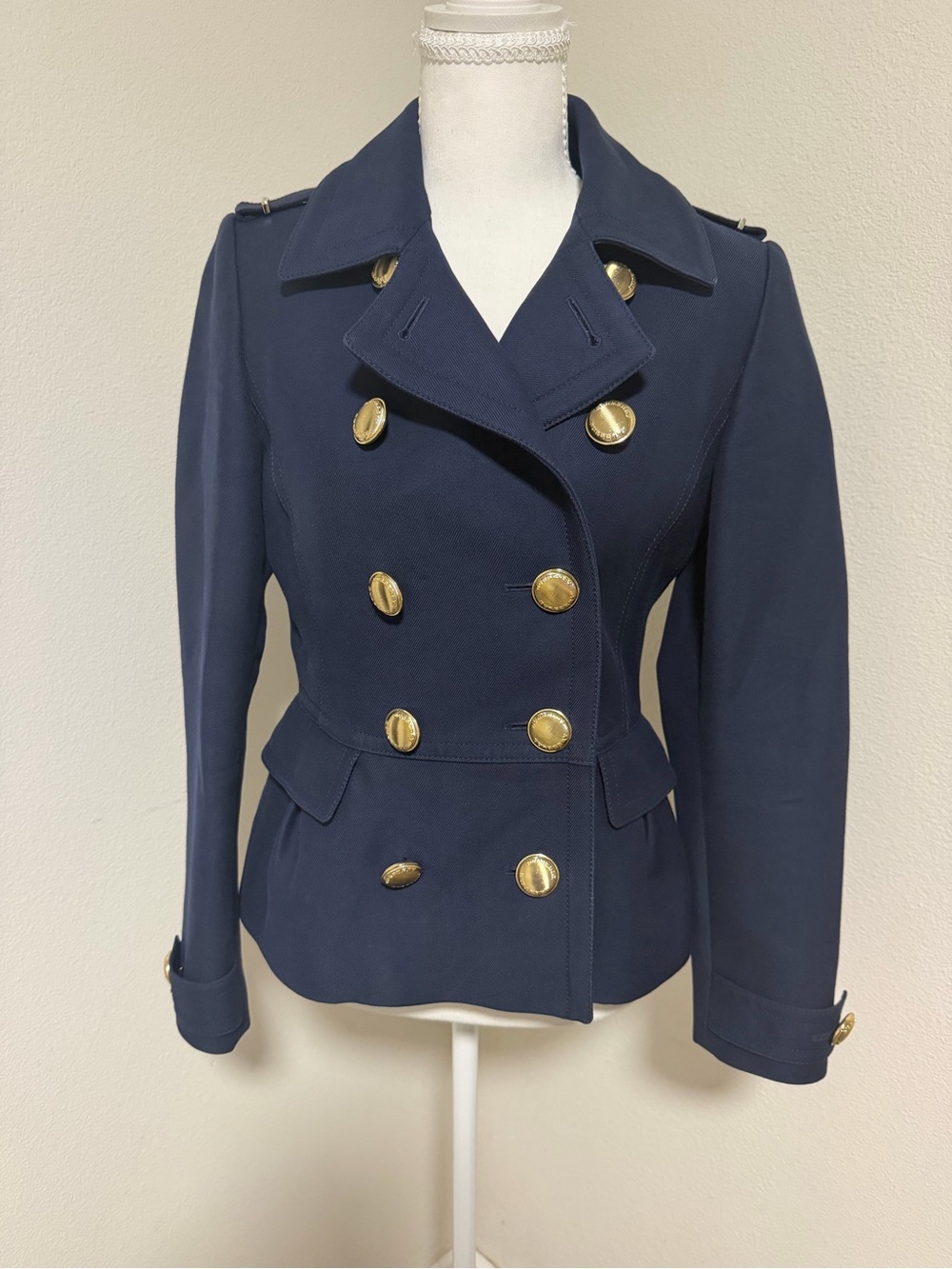 Burberry Navy Double-Breasted Drumfield Military Pea Coat Gold Buttons Preppy